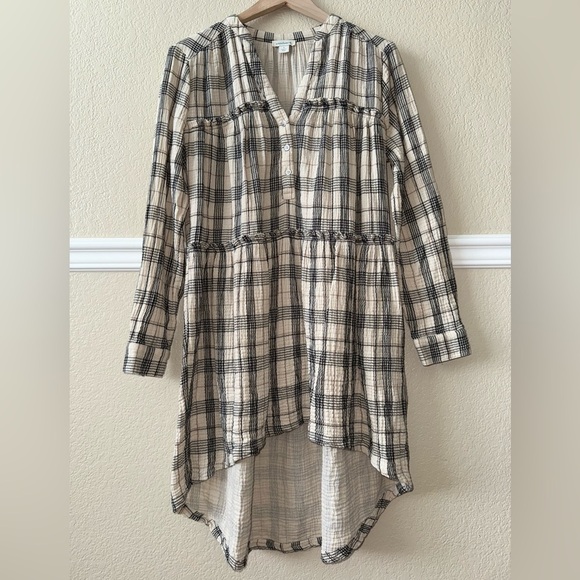 Sundance Dresses & Skirts - Sundance 100% Cotton Gauze Plaid Tunic Dress V Neck Cream Black Size Small